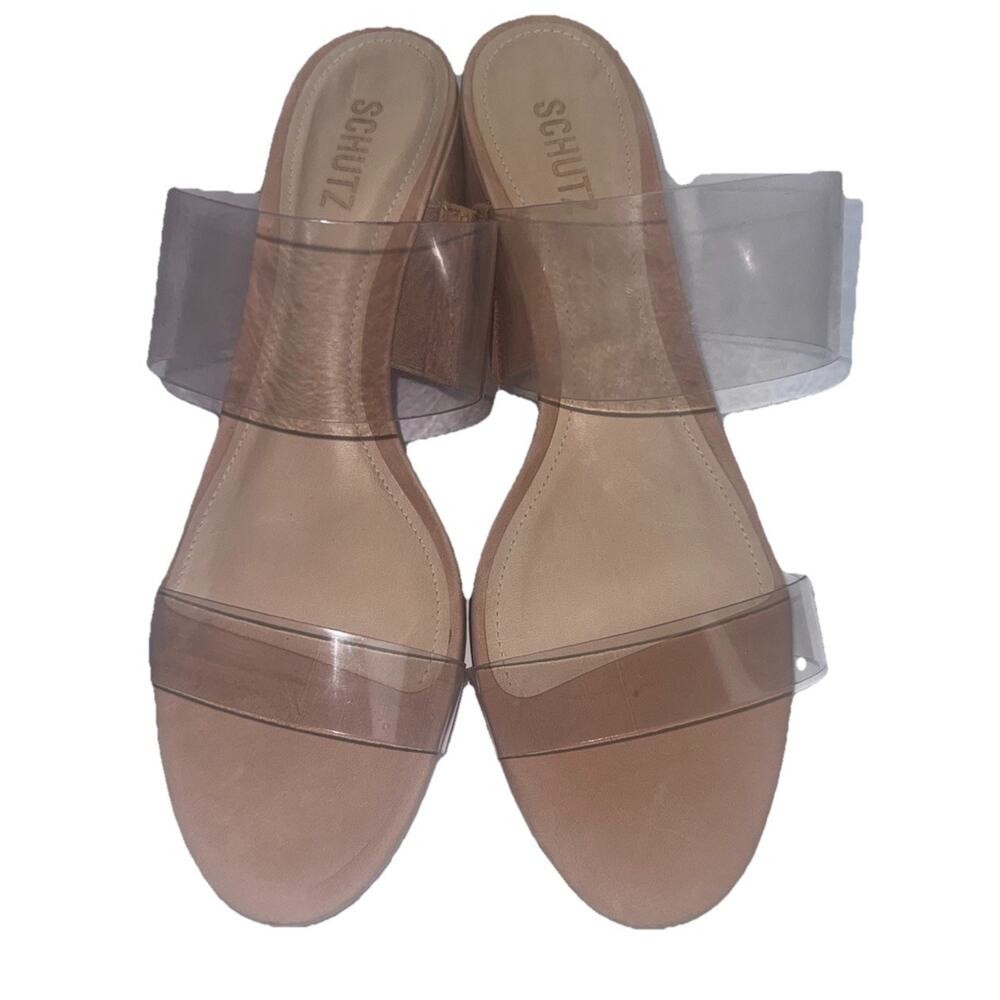 SCHUTZ 11 Clear Chunky Strap Sandals Block Heel Minimalist Leather Vinyl Slides - Picture 7 of 9